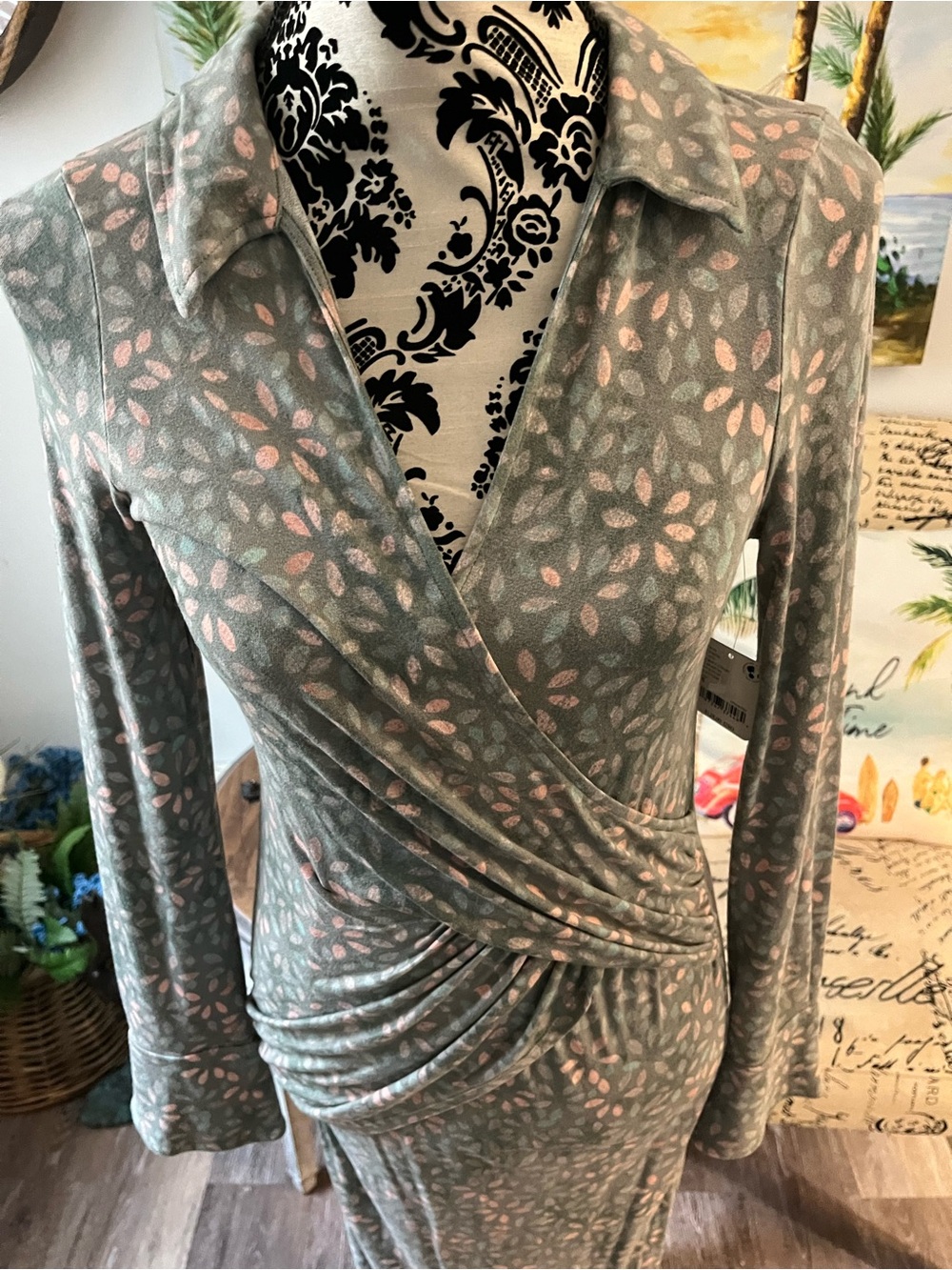 NWT Free People Textured Faux-Wrap Maxi Dress - Sage Floral, Small - Picture 3 of 11